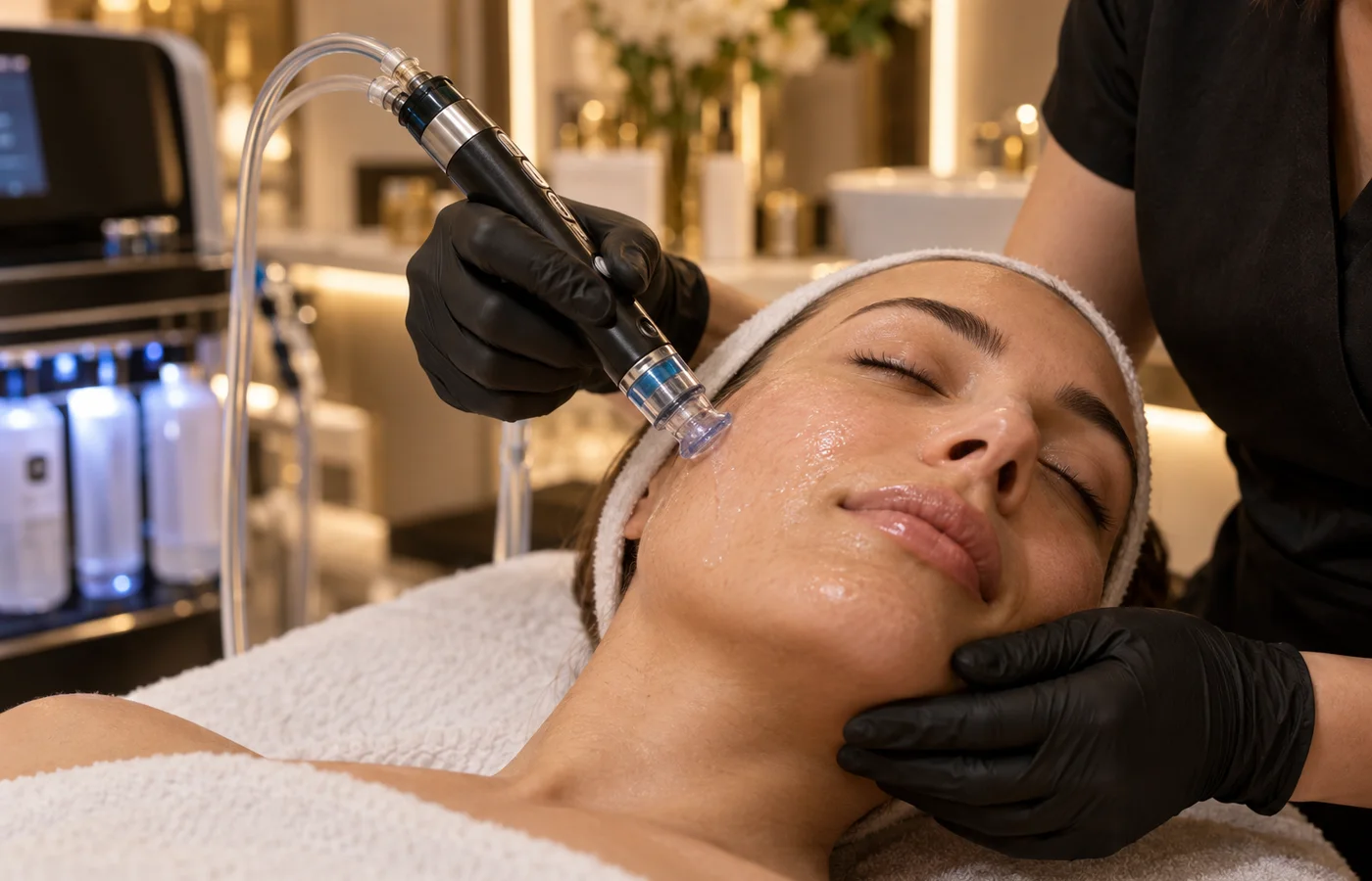 Hydrafacial uygulamasını gösteren profesyonel bakım görseli